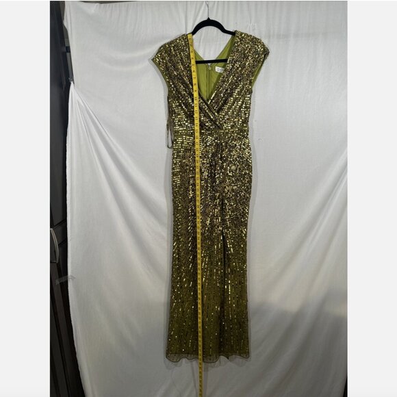 NWT $598 Mac Duggal [ 2 ]‎ Sequined Faux Wrap Cap Sleeve Gown Olive Green #Q714 - Picture 8 of 16